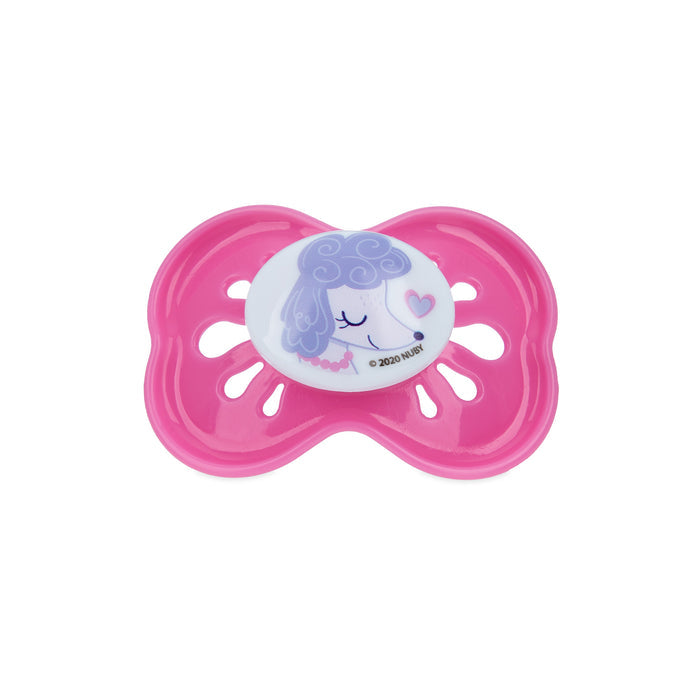 The Classic Oval Pacifier is a large pink silicone pacifier with ventilation holes and a white center showing a cartoon sheep with curly hair and a pink heart. Its hygienic air system helps soothe fussy babies.