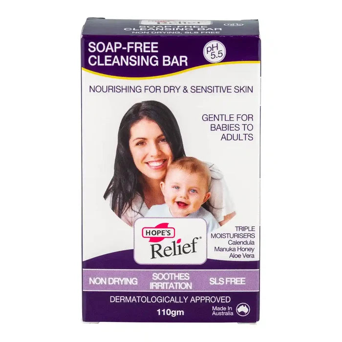 Box of Hope's Relief soap-free cleansing bar with a woman and child on the packaging.