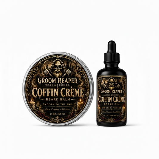 Groom Reaper Coffin Crème Beard Oil & Balm 2-Piece Set – The Evening Ritual – smooth to the end – warm vanilla and soft woods scent – 1 oz beard oil and 2 oz beard balm – small-batch beard care bundle for men