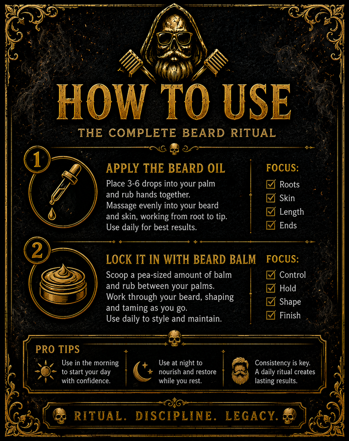 Coffin Crème Beard Oil & Balm – how to use the complete beard ritual – step 1 apply beard oil 3 to 6 drops massaged from root to tip focus on roots skin length and ends – step 2 lock it in with beard balm scoop pea-sized amount work through beard for control hold shape and finish – pro tips use morning for confidence use at night to nourish and restore consistency is key – ritual discipline legacy – Groom Reaper