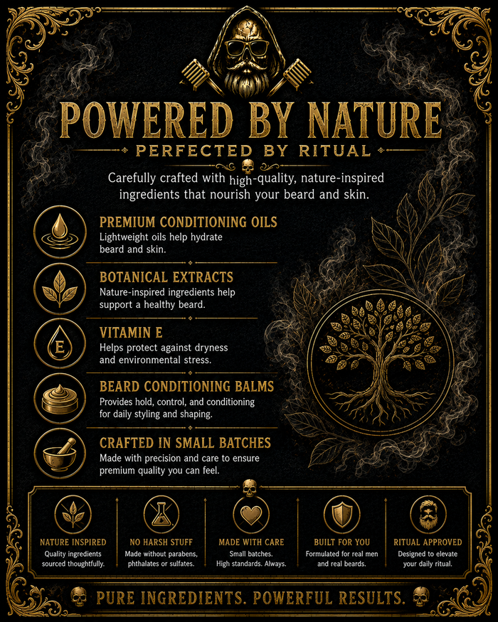 Coffin Crème Beard Oil & Balm – powered by nature perfected by ritual – premium conditioning oils hydrate beard and skin, botanical extracts support a healthy beard, vitamin E protects against dryness and environmental stress, beard conditioning balms provide hold control and conditioning, crafted in small batches – nature inspired no harsh stuff made with care built for you ritual approved – pure ingredients powerful results – Groom Reaper
