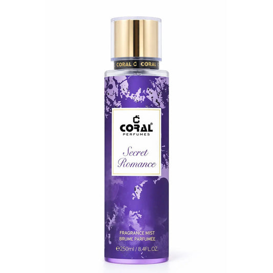 Coral Secret Romance fragrance mist for women in 250ml bottle, featuring floral and fruity notes by Bin Kamal Perfumes.
