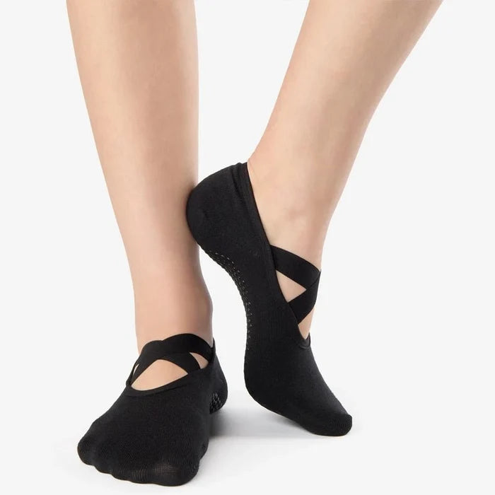 Cross Strap No Show Grip Socks - Black