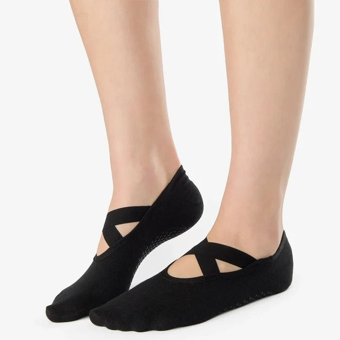 Cross Strap No Show Grip Socks - Black