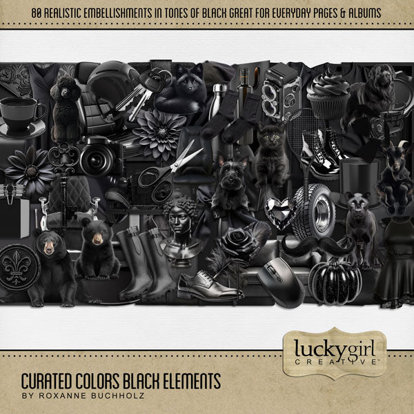 Collect the entire series of Curated Colors by Lucky Girl Creative digital art! Access your digital art in easy-to-use coordinated color palettes. Add these black embellishments to all your digital scrapbooking pages and mix-and-match them on various projects throughout the year! Black embellishments include bear, animal, dog, Newfoundland, Poodle, Scottie, terrier, fox, goat, kitty cat kitten, panther, cobra, photographer's backdrop, heart, balloon, barber chair, barrel, bench, bottle, and more.