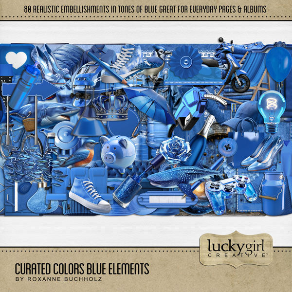 Collect the entire series of Curated Colors! Access your digital art in easy-to-use coordinated color palettes. Add these blue embellishments by Lucky Girl Creative digital art to all your digital scrapbooking pages and mix-and-match them on various projects throughout the year! Embellishments include blue jay, bird, bluebird, school of fish, shark, whale shark, balloon, bandana, handkerchief, banner, flag, beach chair, bicycle, bike, book, bottle, button, science, beaker, chemistry, denim, and more.