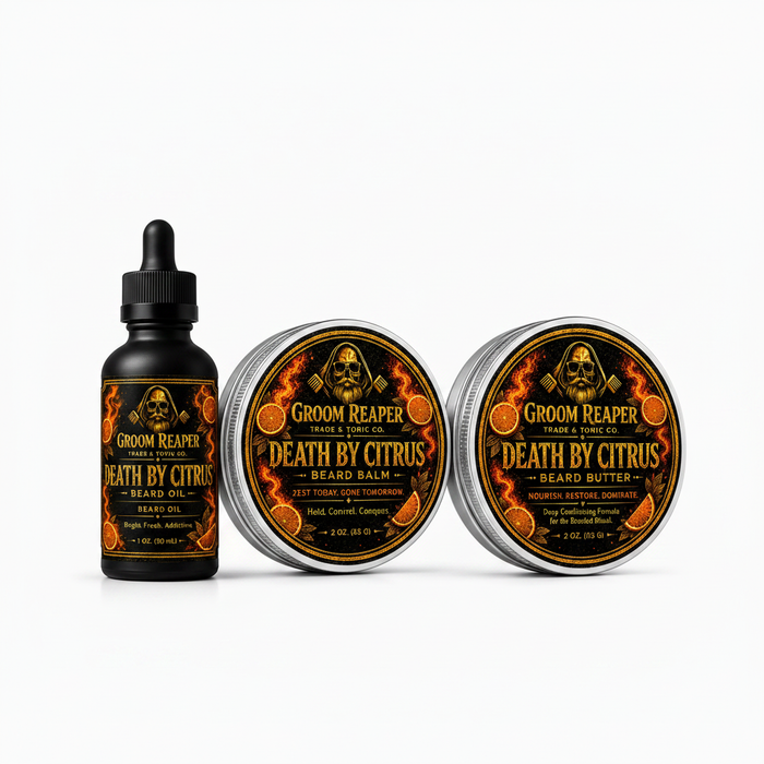 Groom Reaper Death By Citrus 3-Piece Beard Care Set – The Morning Ritual – zest today gone tomorrow – beard oil 1 oz, beard balm 2 oz, beard butter 2 oz – bright citrus bergamot scent – small-batch beard care bundle for men