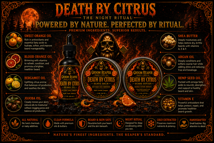 Death By Citrus The Morning Ritual – powered by nature perfected by ritual – premium ingredients superior results – sweet orange oil blood orange oil bergamot oil jojoba oil shea butter argan oil hemp seed oil vitamin E – all natural deep moisture beard and skin safe night ritual approved cold extracted handcrafted small batches – nature's finest ingredients the reaper's standard – Groom Reaper Trade & Tonic Co.
