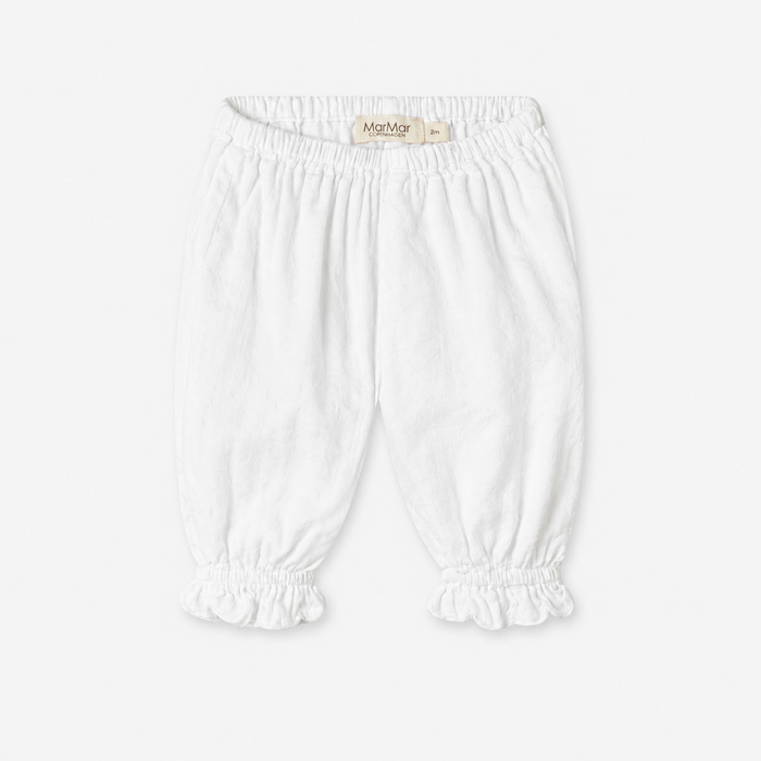 White baby bloomers with an elastic waistband and ruffled leg cuffs, shown flat on a light gray background. A small beige brand label reading 'MarMar' is visible inside the waistband.