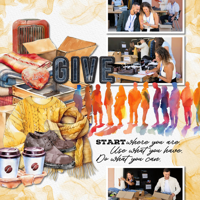 These digital scrapbooking watercolor embellishments, papers, clusters, alpha set, and word art by Lucky Girl Creative are great for non-profit charities, giving, donating, medical, rescue, and volunteering for various organizations and clubs. The Red Cross, Feeding America, Salvation Army, Habitat for Humanity, Operation Smile, United Way, Goodwill, Doctors without Borders, and First Responders are all represented in this collection.