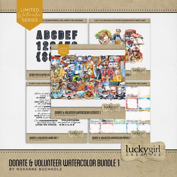 These digital scrapbooking watercolor embellishments, papers, clusters, alpha set, and word art by Lucky Girl Creative are great for non-profit charities, giving, donating, medical, rescue, and volunteering for various organizations and clubs. The Red Cross, Feeding America, Salvation Army, Habitat for Humanity, Operation Smile, United Way, Goodwill, Doctors without Borders, and First Responders are all represented in this collection.