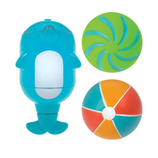 The Dolphin Squirt Toy with Splash Squirter Balls includes a blue and white water-squirting dolphin, a green swirl-cutout lid, and a colorful segmented beach ball toy.