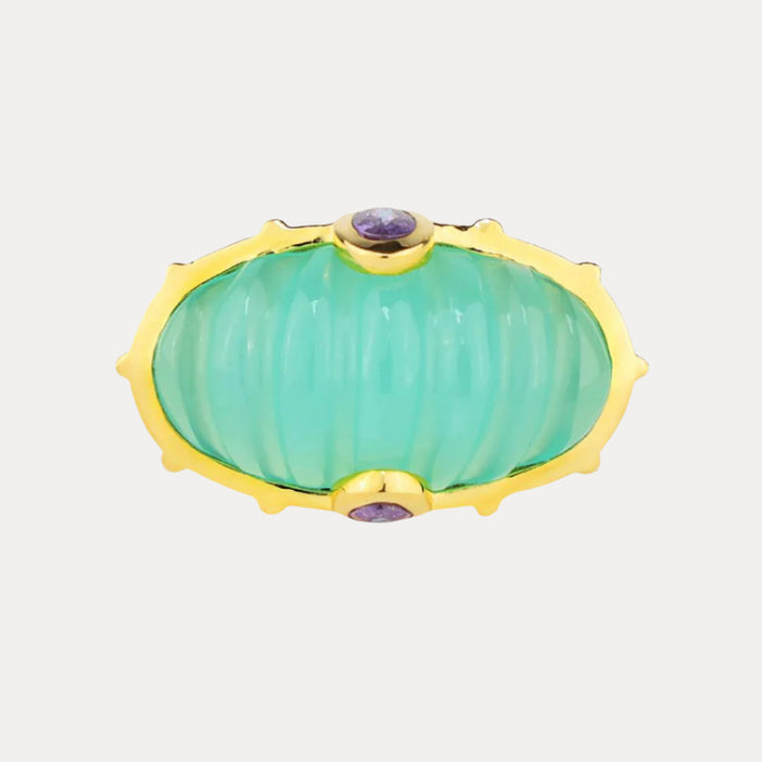 Aqua Chalcedony Resin Dome Gold Platted Brass Ring For Women