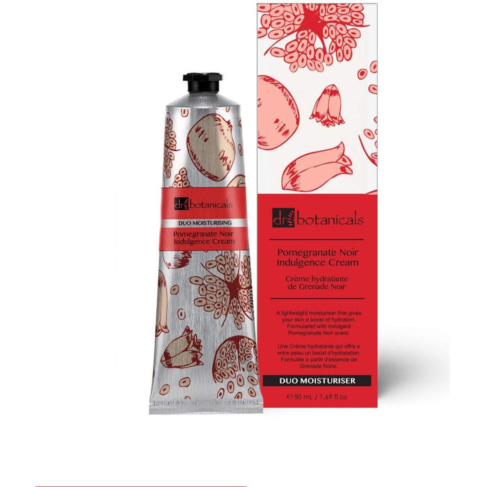 Dr Botanicals Pomegranate Noir Indulgence Face and Hand Cream in 50ml vegan skin care jar with pomegranate imagery.