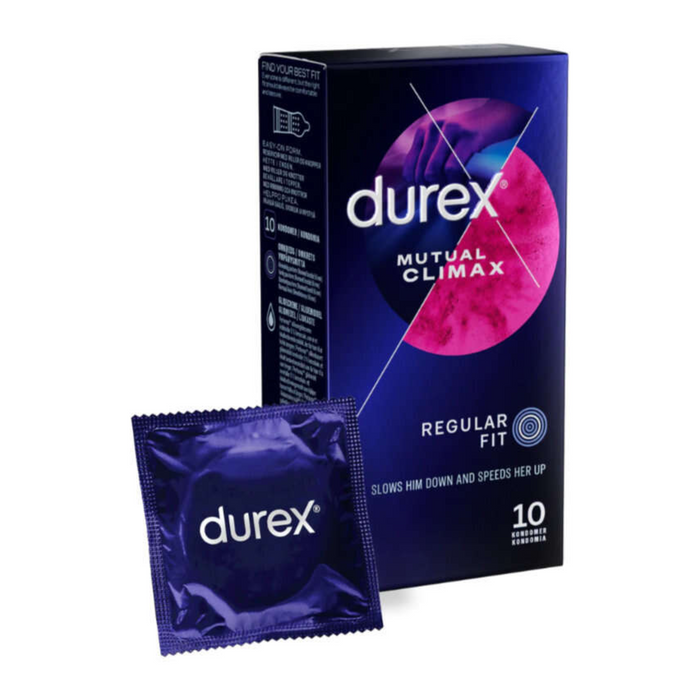 Durex Mutual Climax condoms box with single condom wrapper, 10 pack