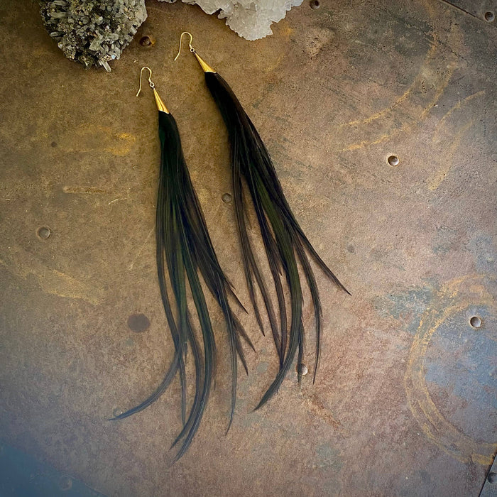 Earrings-Long Feather & Cone-Black/Gold, Boho Western