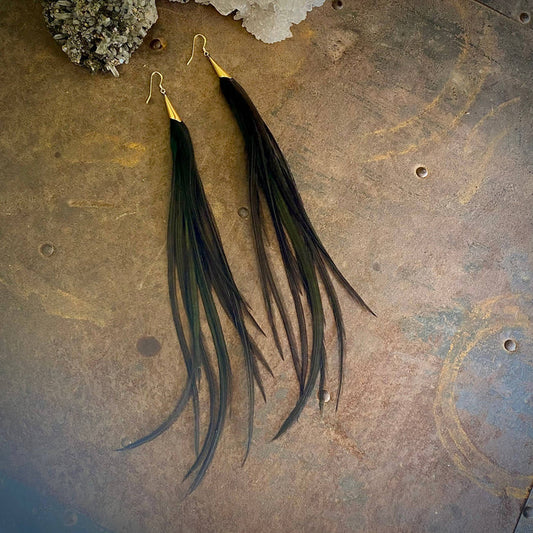 Earrings-Long Feather & Cone-Black/Gold, Boho Western
