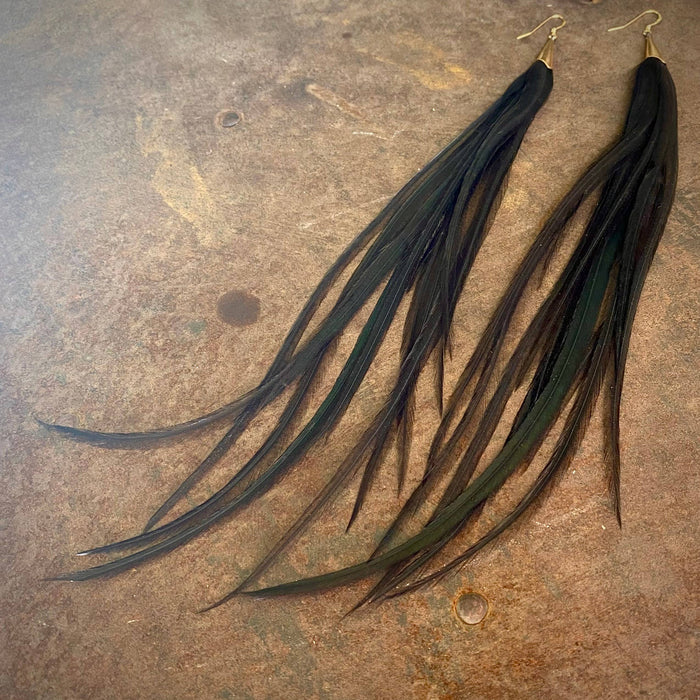Earrings-Long Feather & Cone-Black/Gold, Boho Western
