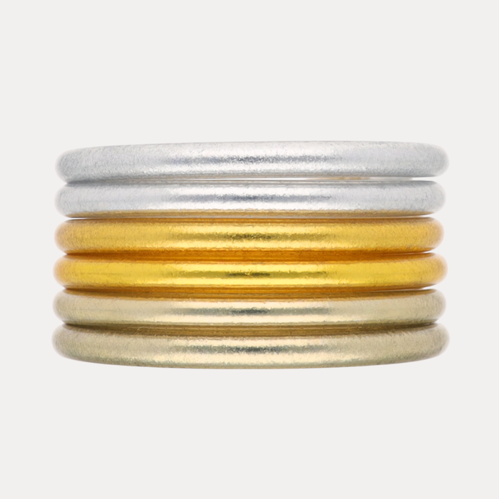 Essentials Core Mixed Stack featuring silver and gold bangles for a timeless style.