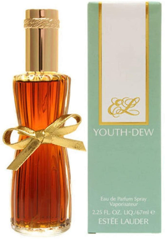Estée Lauder Youth Dew Eau de Parfum bottle, 67ml, elegant glass container with gold accents, showcasing luxury perfume.