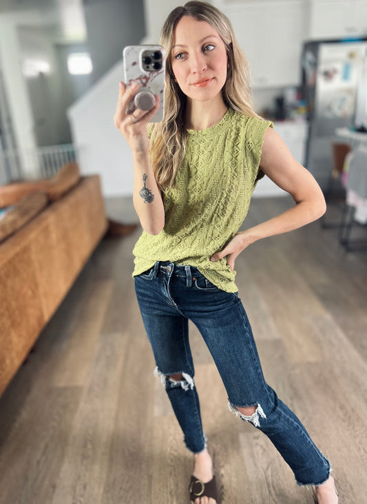 Eyelet Round Neck Cap Sleeve Top in Matcha Green