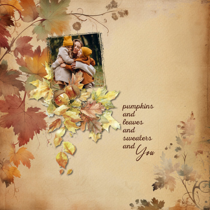 Enjoy the autumn season with these warm seasonal digital scrapbooking background papers by Lucky Girl Creative digital art. Great for fall, Thanksgiving, visits to the pumpkin patch, outdoor, and nature walk pages. The vintage backgrounds feature botanicals, florals, and seasonal leaves. This kit is included in the Fall Favorites Papers Bundle.