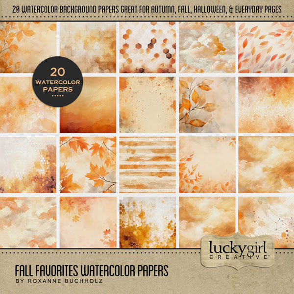 Enjoy the autumn season with these warm seasonal digital scrapbooking background papers by Lucky Girl Creative digital art. Great for fall, Thanksgiving, Halloween, outdoor, and nature walk pages. The watercolor backgrounds feature patterns of stripes, honeycomb, leaves, bricks, clouds, and abstract textures in orange and yellow tones. This kit is included in the Fall Favorites Papers Bundle.