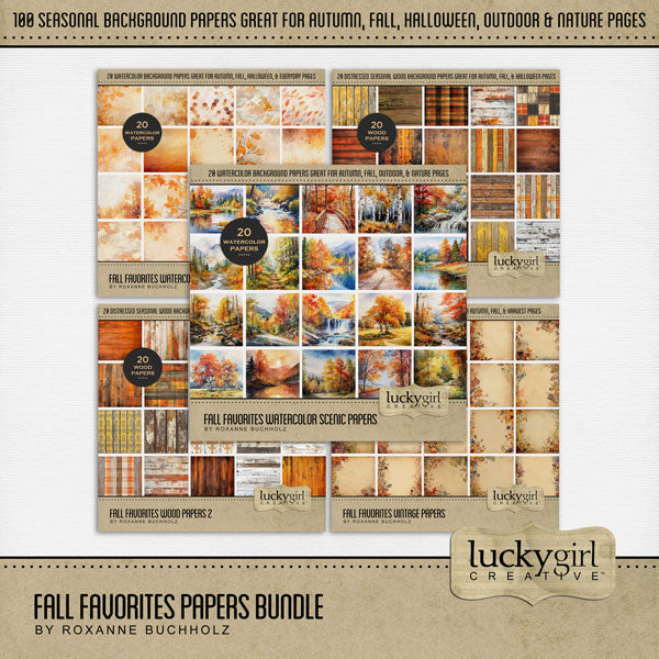 Enjoy the autumn season with these warm seasonal digital scrapbooking background papers by Lucky Girl Creative digital art. Great for fall, Thanksgiving, Halloween, visits to the pumpkin patch, outdoor, and nature walk pages. The bundle includes 5 paper packs including vintage, watercolor, landscape, and wood themes.