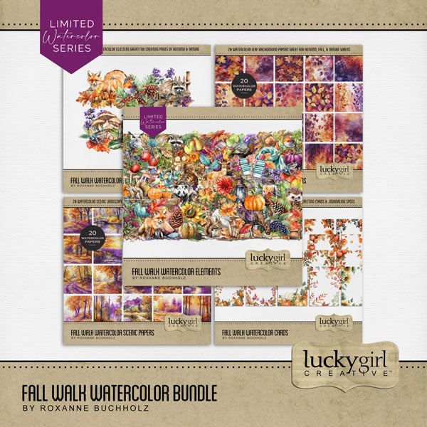 Enjoy the autumn season with these warm digital scrapbooking watercolor embellishments, papers, clusters, and journaling cards by Lucky Girl Creative that can be used for create beautiful pages or seasonal greeting cards. Great for fall, outdoor and nature, Thanksgiving, and more. Embellishments include acorn, leaf, leaves, badger, animal, woodland, bird, chickadee, owl, turkey, deer, fawn, stag, fox, frog, hedgehog, moose, raccoon, squirrel, backpack, berry, berries, birch tree, blanket, campfire, and more