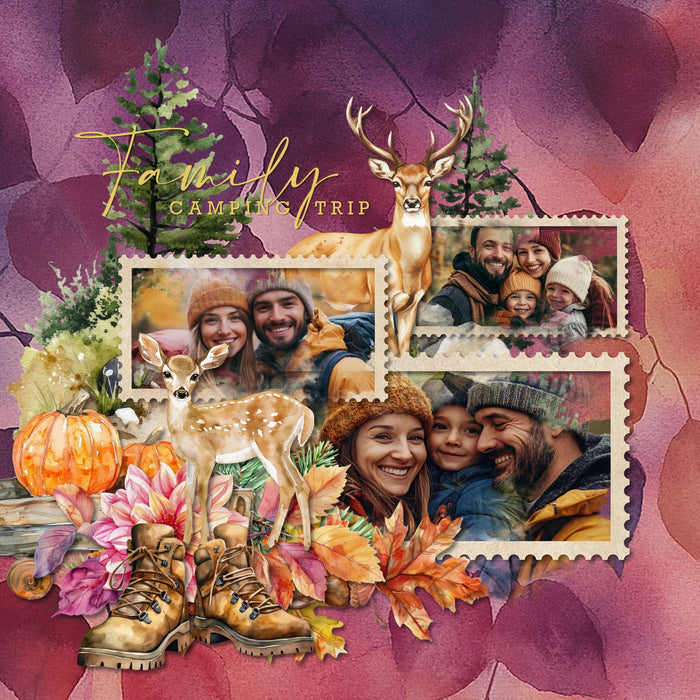 Enjoy the autumn season with these warm digital scrapbooking watercolor embellishments, papers, clusters, and journaling cards by Lucky Girl Creative that can be used for create beautiful pages or seasonal greeting cards. Great for fall, outdoor and nature, Thanksgiving, and more. Embellishments include acorn, leaf, leaves, badger, animal, woodland, bird, chickadee, owl, turkey, deer, fawn, stag, fox, frog, hedgehog, moose, raccoon, squirrel, backpack, berry, berries, birch tree, blanket, campfire, and more