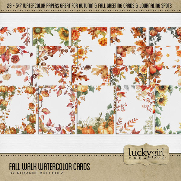 Enjoy the autumn season with these warm digital scrapbooking 5x7 embellishments by Lucky Girl Creative digital art that can be used for journaling cards, invitations, or creating one-of-a-kind seasonal greeting cards. Great for fall, Thanksgiving, Halloween, and more. This kit is included in the Fall Walk Watercolor Bundle.