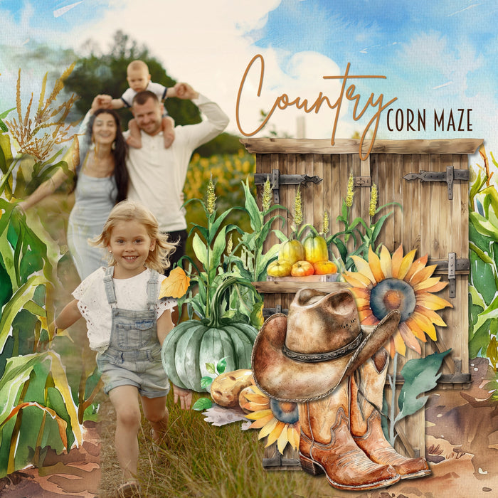 Whether you love to spend your time on the farm, the ranch, growing crops, or enjoy barnyard animals and the garden, this beautiful watercolor digital scrapbooking collection by Lucky Girl Creative digital art will help you document your memories. Embellishments include bull, cow, chicken, hen, rooster, chick, bunny rabbit, nest, cattle, Border Collie dog, goat, horse, bee, bug, insect, pig, hog, sheep, barn door, barn, farmhouse, window, shed, chicken coop, clothespin, crop, corn, field, cowboy, and more.
