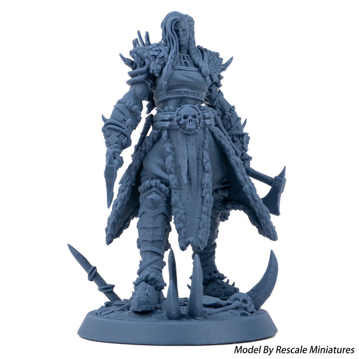3D printed dark warrior female miniature in navy grey tough ABS-like resin with axe