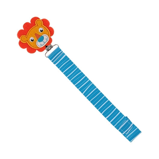 The Nuby Felt Pacifier Clip features a charming fabric lion’s face at the top, blue and white stripes, and a secure metal clasp for easy attachment to baby clothing.