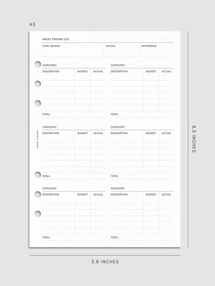 Digital mockup of the Financial Planning Insert | Second Edition with sections for the weekly expense log. Size shown is A5.
