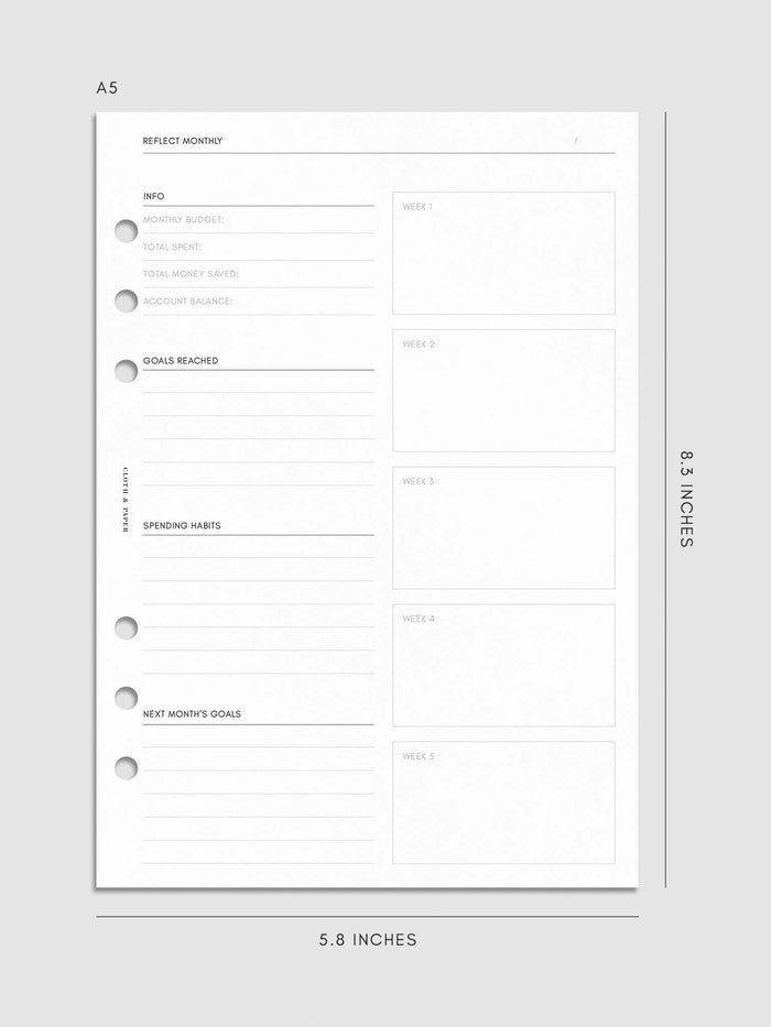 Digital mockup of the Financial Planning Insert | Second Edition with sections for the monthly reflection. Size shown is A5.