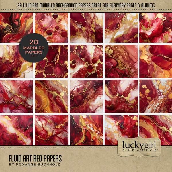 In beautiful deep ruby red jewel tones with gold accents, these fluid art and marble inspired background digital scrapbooking papers by Lucky Girl Creative digital art will add visual interest to all your pages. Use as is or add to an Easy Mask for creating your own unique backgrounds. This kit is included in the Fluid Art Jewel Papers Bundle.
