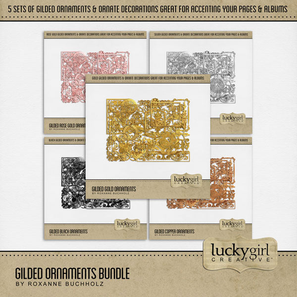 Add these gilded shiny ornate embellishments by Lucky Girl Creative digital art to all your digital scrapbooking pages for that extra touch of richness. Elements include fancy decorations, flourishes, frames, medallions, laurel wreath, borders, and more. Great for family history, genealogy, trips to the museum, and vacations to Europe. Colors include black, copper, gold, rose gold, and silver.