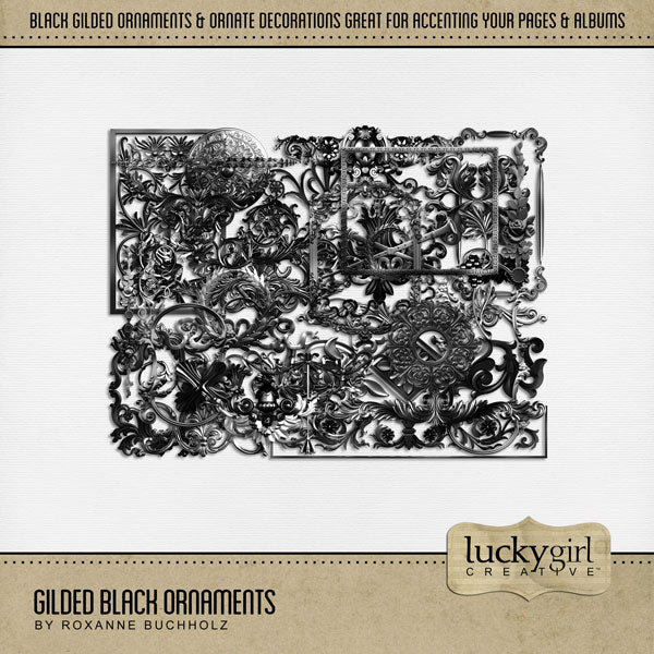 Add these gilded shiny black ornate embellishments by Lucky Girl Creative digital art to all your digital scrapbooking pages for that extra touch of richness. Elements include fancy decorations, flourishes, frames, medallions, laurel wreath, borders, and more. Great for family history, genealogy, trips to the museum, and vacations to Europe. This kit is included in the Gilded Ornaments Bundle.