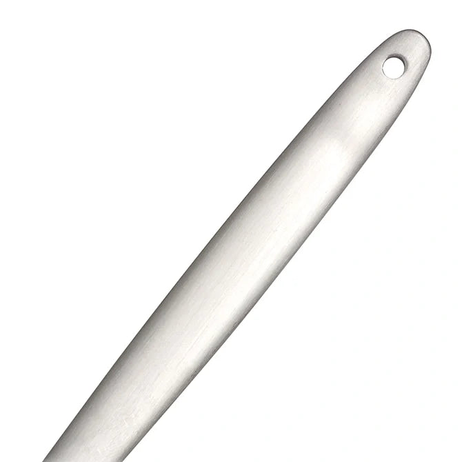 Silver Gray Kunz Perforated Spoon handle with hole closeup on white background.