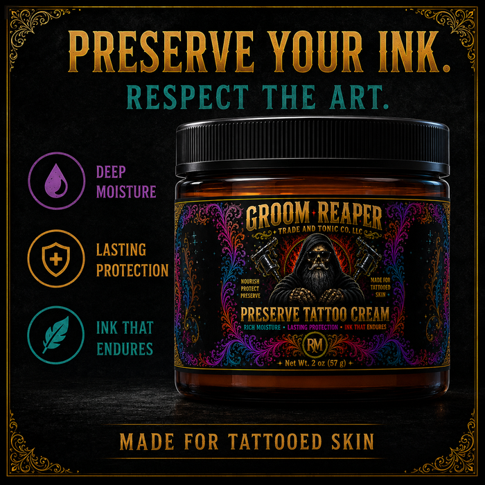 "Groom Reaper Trade and Tonic Co. – Built on Tradition, Rooted in Respect – tattoo care crafted to honor the art and the artist"