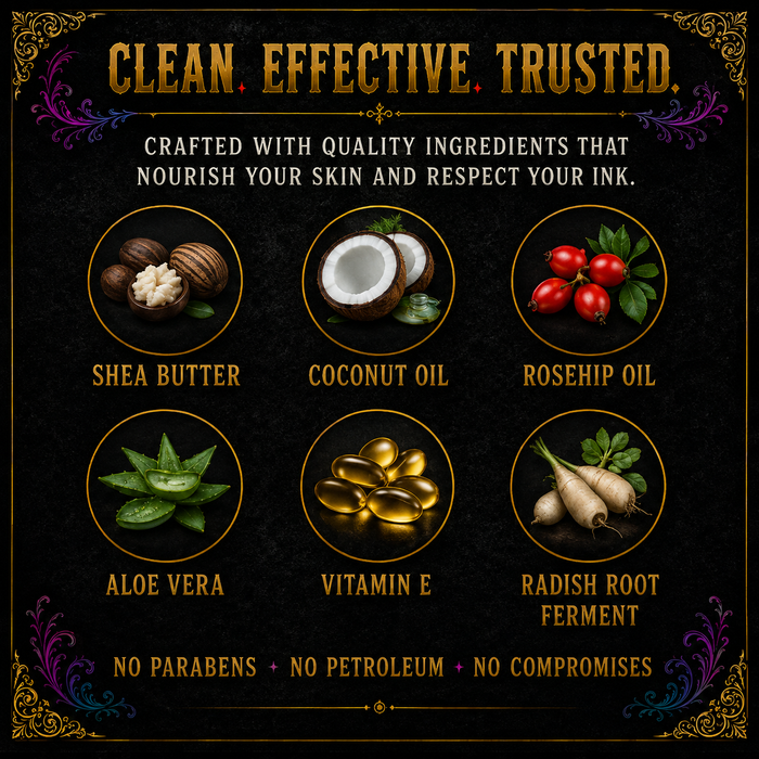 "Preserve Tattoo Cream ingredients – shea butter, coconut oil, rosehip oil, aloe vera, vitamin E, radish root ferment – no parabens, no petroleum"
