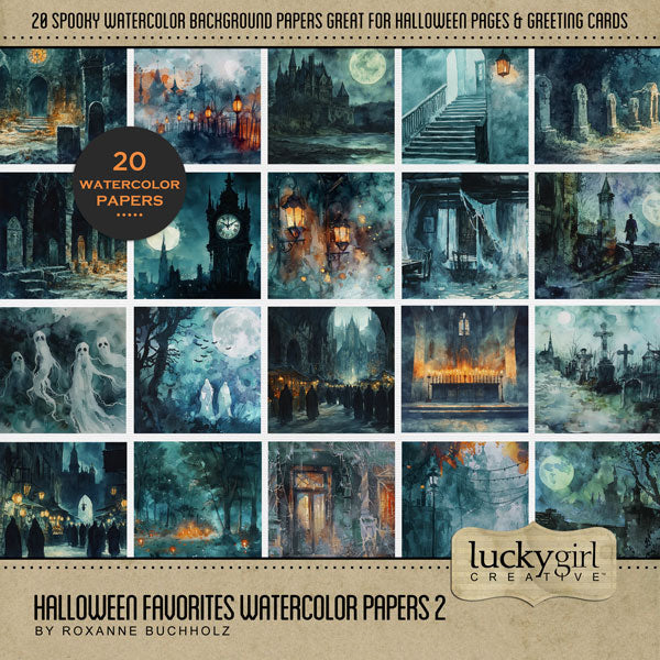 With bold black and blue spooky backgrounds, this haunted digital scrapbooking paper pack by Lucky Girl Creative digital art offers the perfect backdrop to tell your Halloween story.  Scenes include graveyard, cemetery, ghost, staircase, street lamps, tomb, tombstone, grave, crypt, windows, candles, haunted forest, clocktower, and more. This kit is included in the Halloween Favorites Papers Bundle.