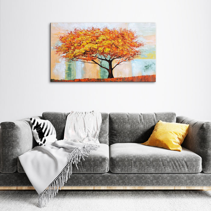 Handmade Oil Painting of Multi Color Tree on Stretched Canvas