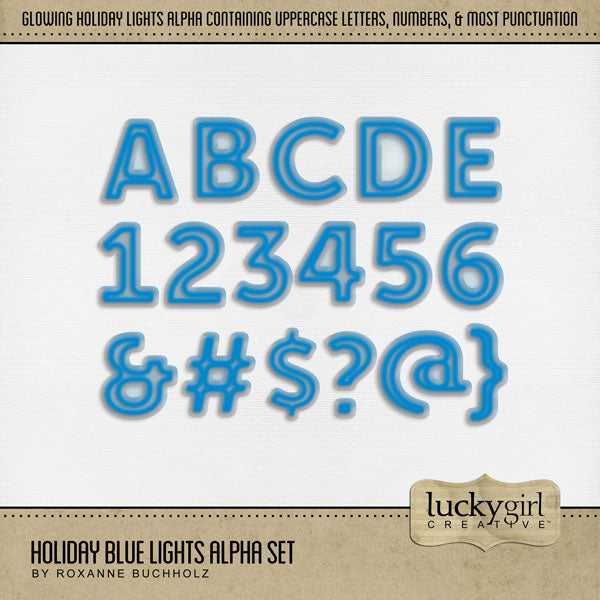 Shine bright this holiday season with this glowing light alpha set by Lucky Girl Creative digital art. Use in a solid color or mix-and-match all the various holiday light alphas for added fun on all your digital scrapbooking page titles! Great for birthday and celebrations! This alpha set consists of a full set of digital art uppercase letters A-Z, numbers 0-9, and most punctuation marks. This alpha set is available as individual embellishments only. This kit is included in the Holiday Lights Alpha Bundle.