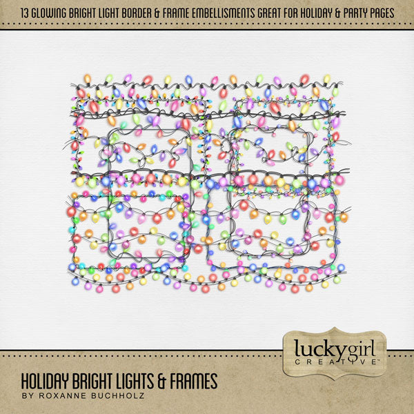 Shine bright this holiday season with these brightly colored hanging light embellishments and photo frames by Lucky Girl Creative digital art featuring brightly colored Christmas lights. This set of hanging lights, borders, and frames is great for adding fun to all digital scrapbooking pages! Great for birthday and celebrations, too! This kit is included in the Holiday Bright Lights Bundle.