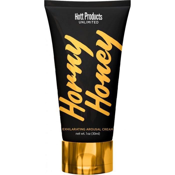 Horny Honey product packaging with black and gold design on a white background