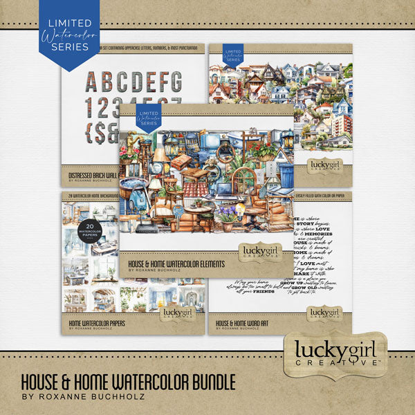 This watercolor house and home bundle by Lucky Girl Creative digital art features embellishments, papers, a brick alpha set, and word art to make your digital scrapbooking pages warm and cozy! Great for documenting your memories of house, home, family, and friends. Embellishments include air conditioner, Alexa, dishwasher, appliance, oven, stove, refrigerator, washing machine, laundry basket, bath tub, faucet, sink, tile, toilet, bean bag, bed, bookcase, book, brick, chimney, computer, door, and more.