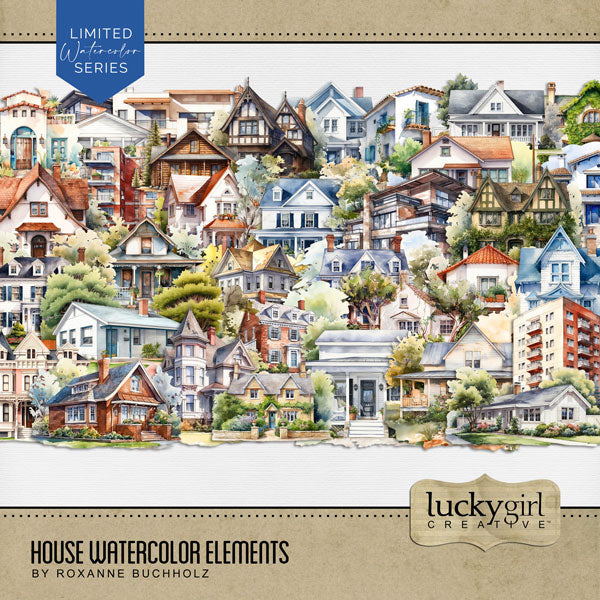 These digital scrapbooking embellishments by Lucky Girl Creative digital art are great for documenting your memories of house, home, family, and friends. House and home embellishments include Victorian, modern, farmhouse, apartment, ranch, traditional, row houses, craftsman, mid-century modern, contemporary, Tudor, colonial, French Provincial, cottage, beach house, cabin, and more. This kit is included in the House & Home Watercolor Bundle.