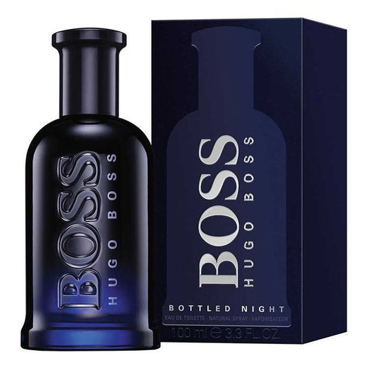 Hugo Boss Boss Bottled Night 100ml EDT perfume spray with sleek dark bottle and silver cap, designed for men.
